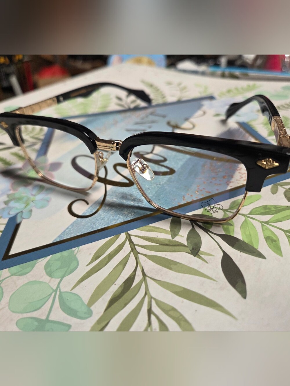 Black and Gold Chrome Hearts UNISEX Eyeglass Frames - Stylish Semi-Rim